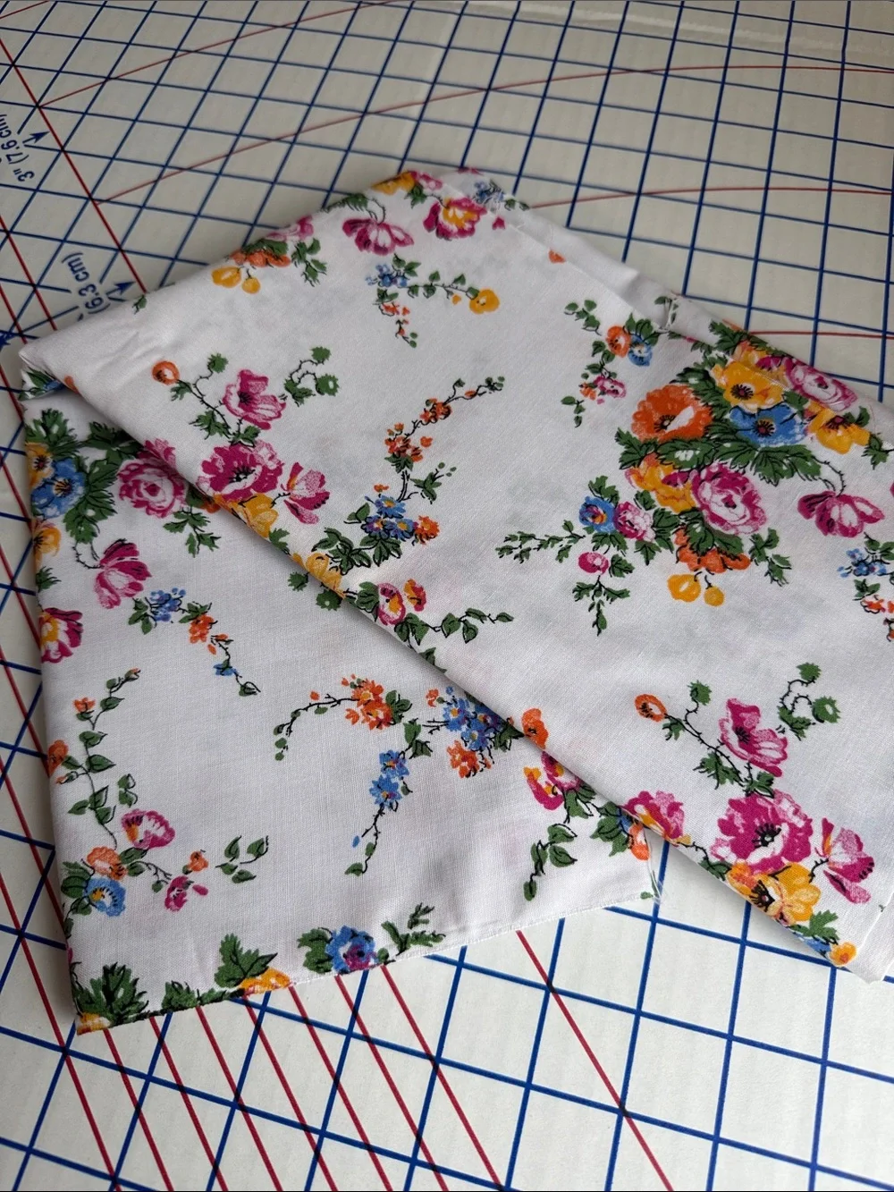 Vintage Floral Cotton Poly Fabric White Pink Blue Orange Bouquet Print 1 1/3 Yds